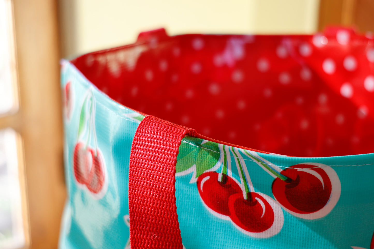 Reversible Oilcloth Totebag - Turquoise Cherry with White on Red Polka - Two Sizes