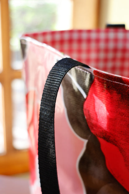 Reversible Oilcloth Totebag - Pink Magenta Blossom with Pink Gingham