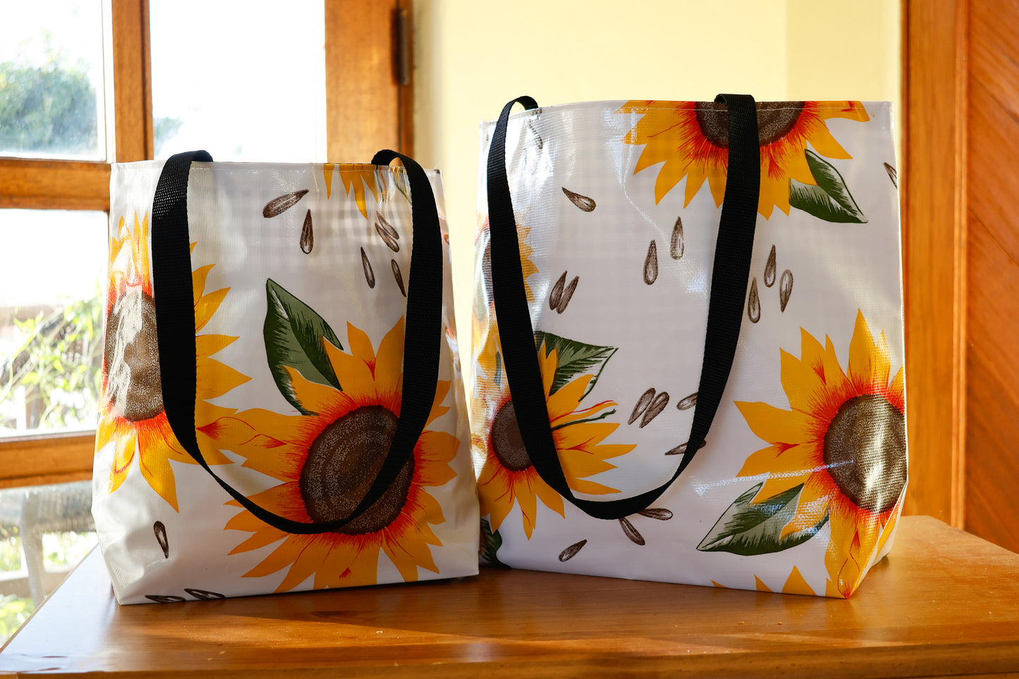 Reversible Oilcloth Totebag - Sunflowers with Black Gingham - Two Sizes