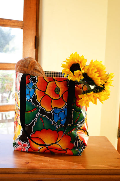 Reversible Oilcloth Totebag - Black Royal Roses with Black Gingham - Two Sizes