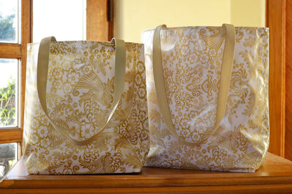 Reversible Oilcloth Totebag - Gold Toile with Gold Art Deco - Two Sizes