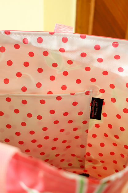 Reversible Oilcloth Totebag - Pink Cherry with Pink Polka, Two Sizes