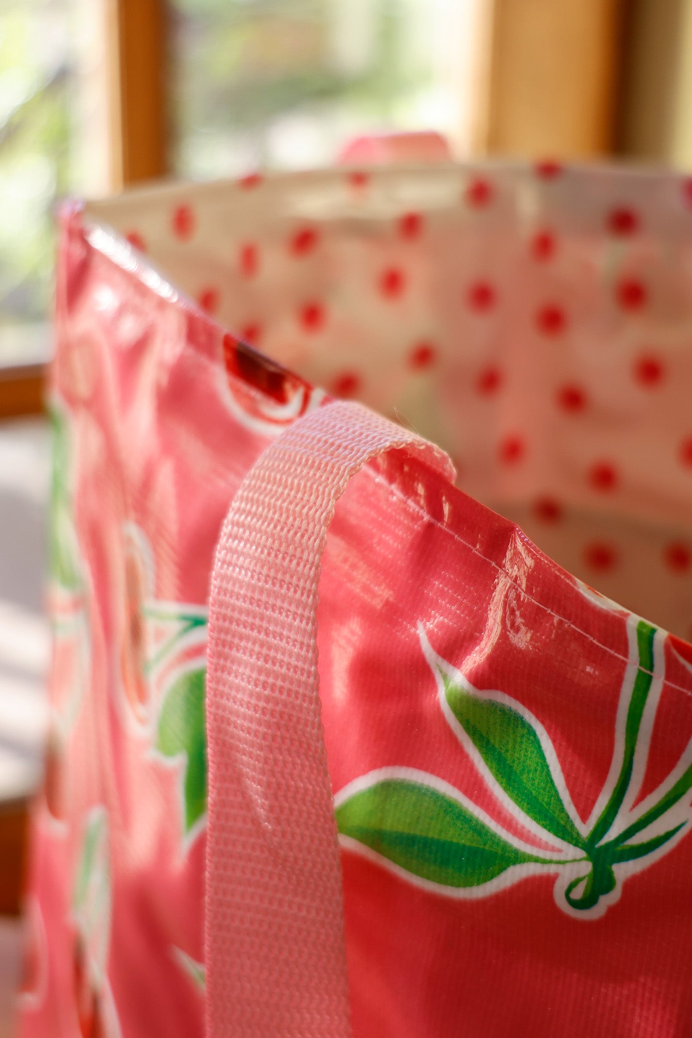 Reversible Oilcloth Totebag - Pink Cherry with Pink Polka, Two Sizes