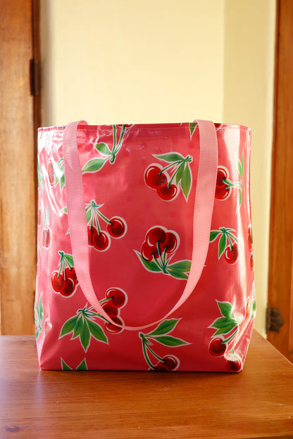 Reversible Oilcloth Totebag - Pink Cherry with Pink Polka, Two Sizes