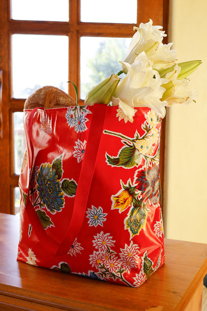 Reversible Oilcloth Totebag - Red Mums with Red Gingham - Two Sizes