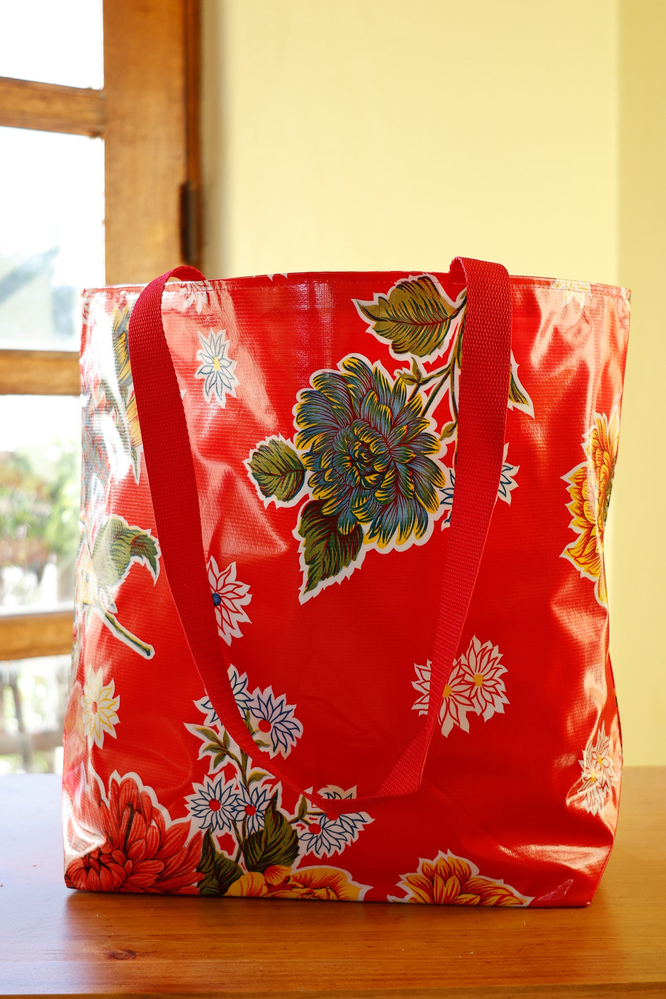 Reversible Oilcloth Totebag - Red Mums with Red Gingham - Two Sizes