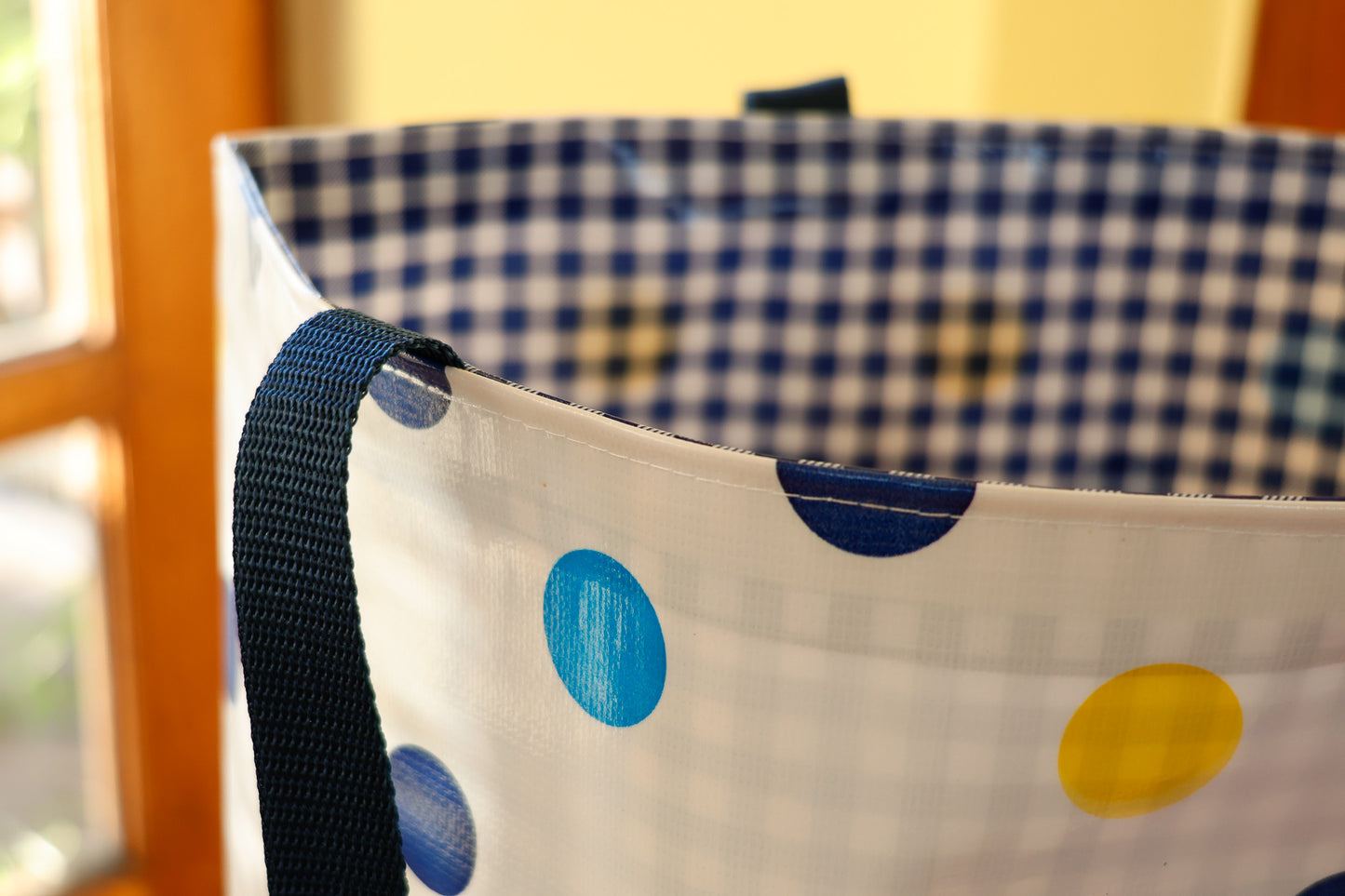 Reversible Oilcloth Totebag - Blue Confetti with Blue Gingham, Two Sizes