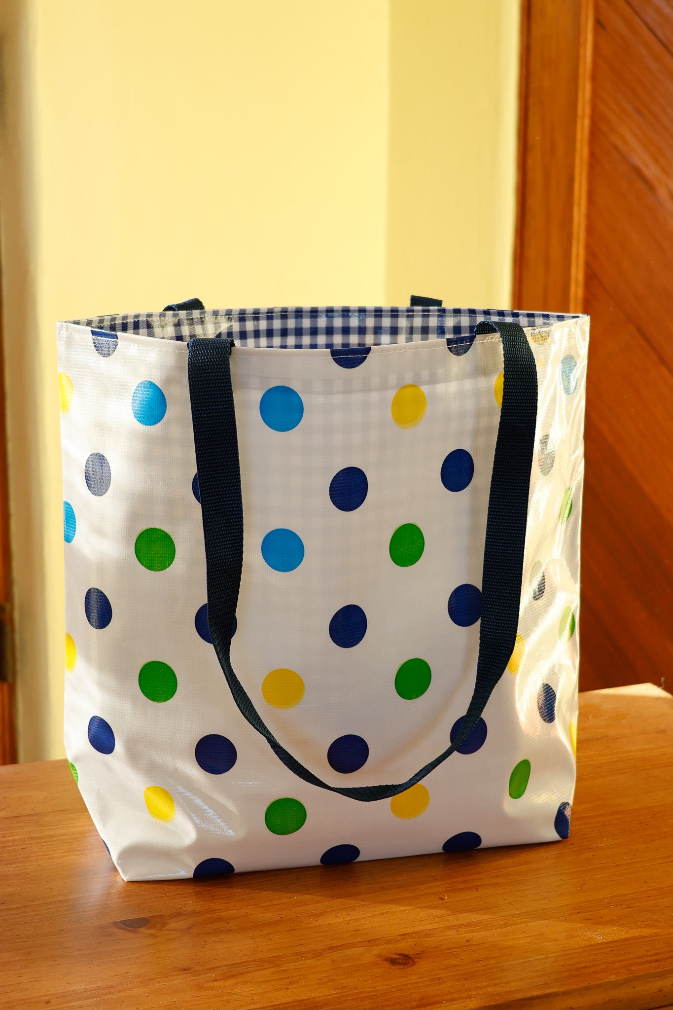 Reversible Oilcloth Totebag - Blue Confetti with Blue Gingham, Two Sizes