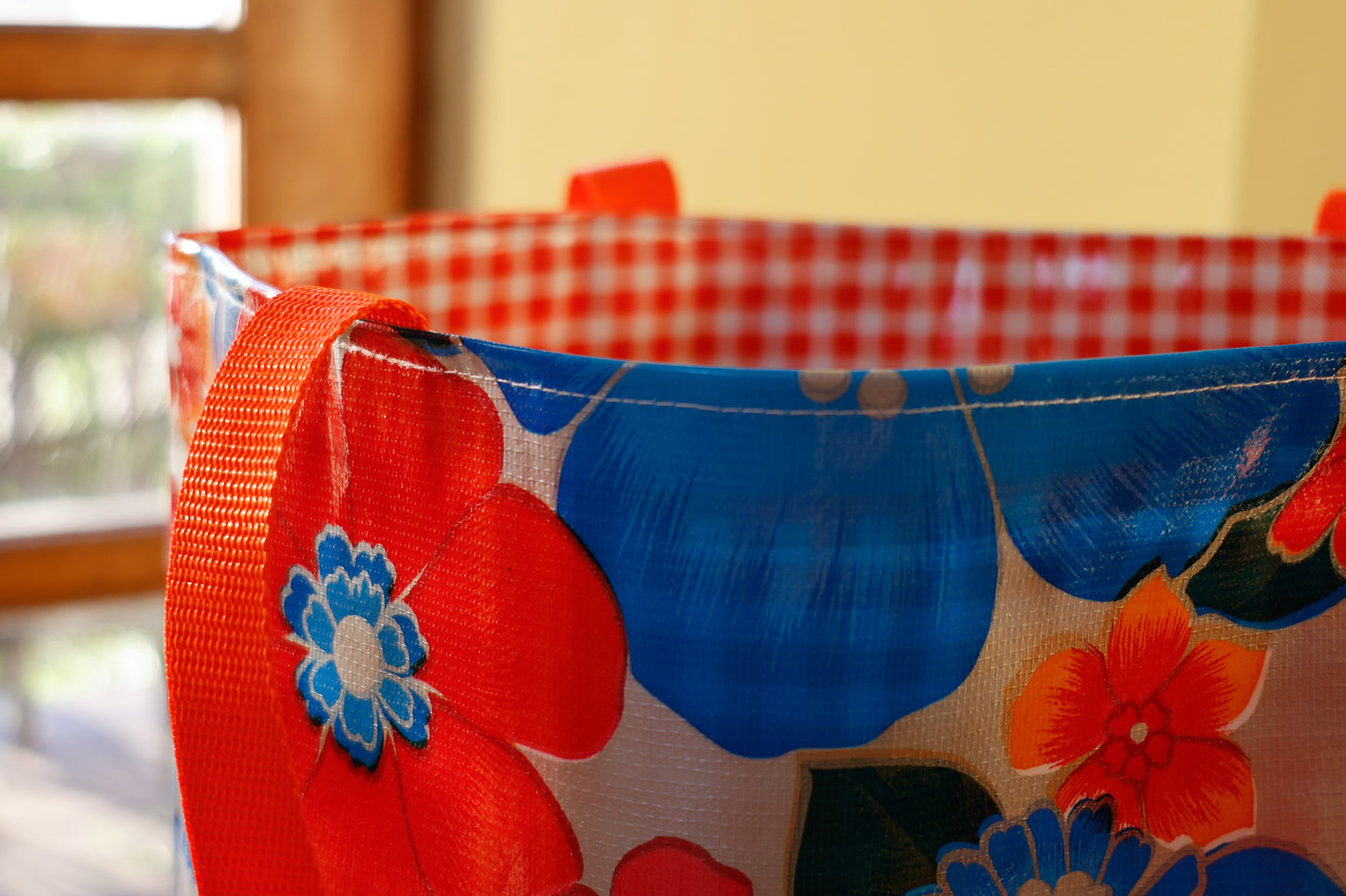 Reversible Oilcloth Totebag - Silver Flora with Orange Gingham, Two Sizes