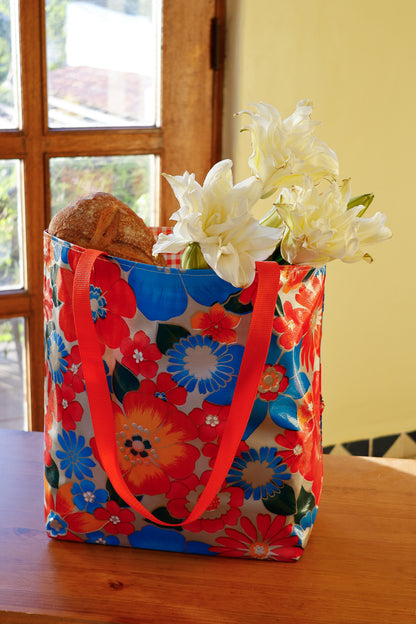 Reversible Oilcloth Totebag - Silver Flora with Orange Gingham, Two Sizes