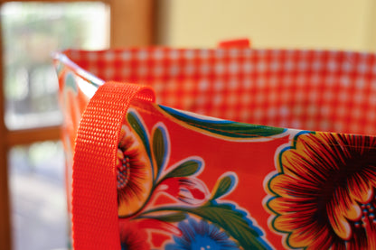 Reversible Oilcloth Totebag - Orange Spring Bloom with Orange Gingham, Two Sizes