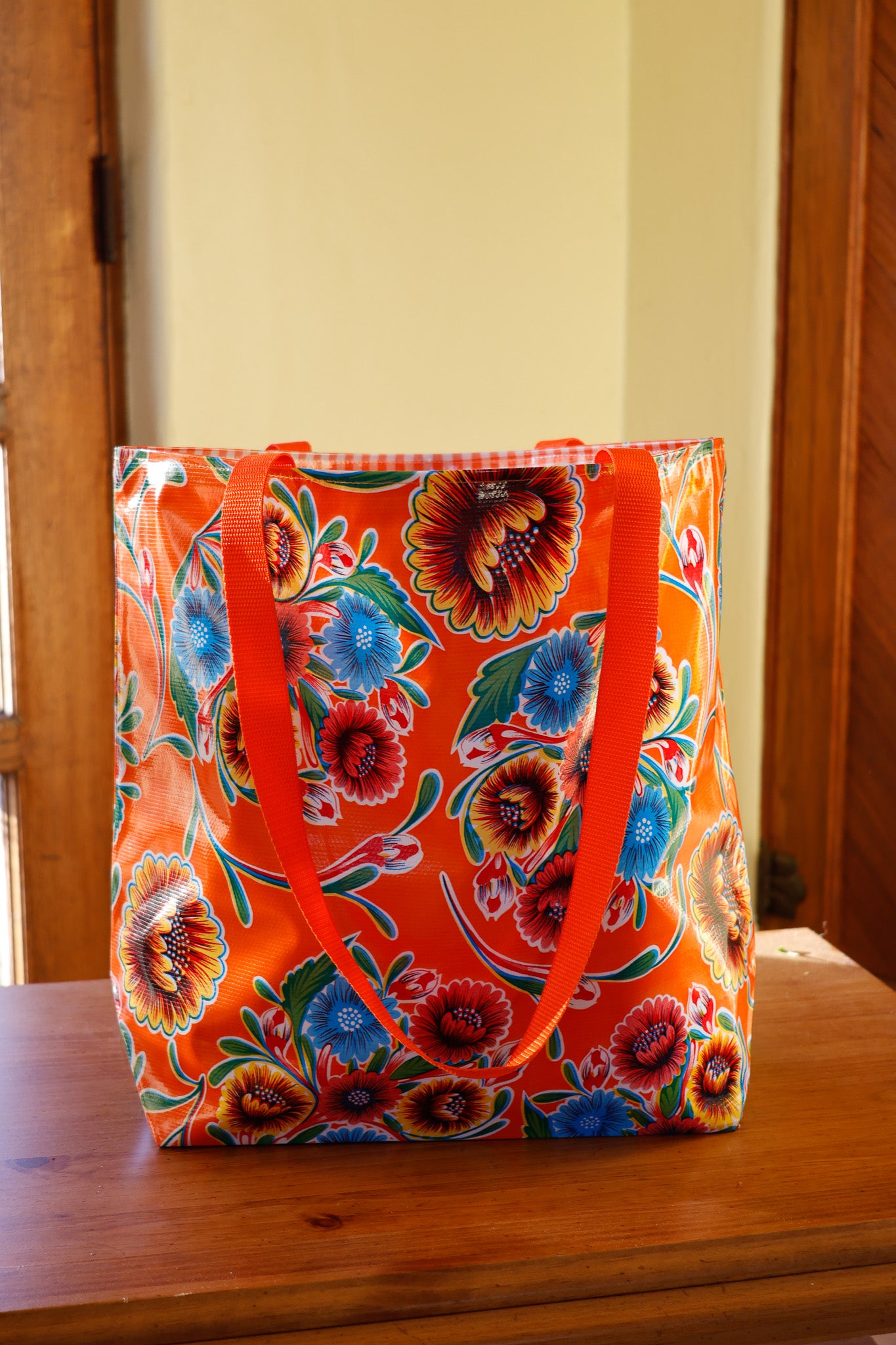 Reversible Oilcloth Totebag - Orange Spring Bloom with Orange Gingham, Two Sizes