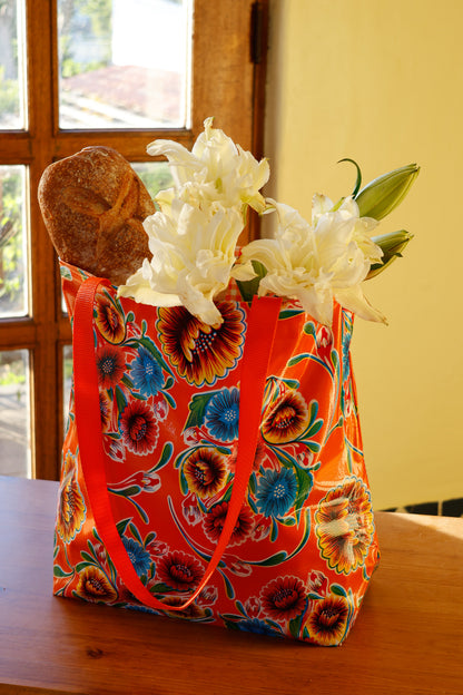 Reversible Oilcloth Totebag - Orange Spring Bloom with Orange Gingham, Two Sizes