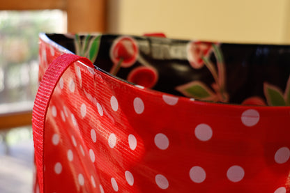 Reversible Oilcloth Totebag - White on Red Polka Dot with Black Cherry