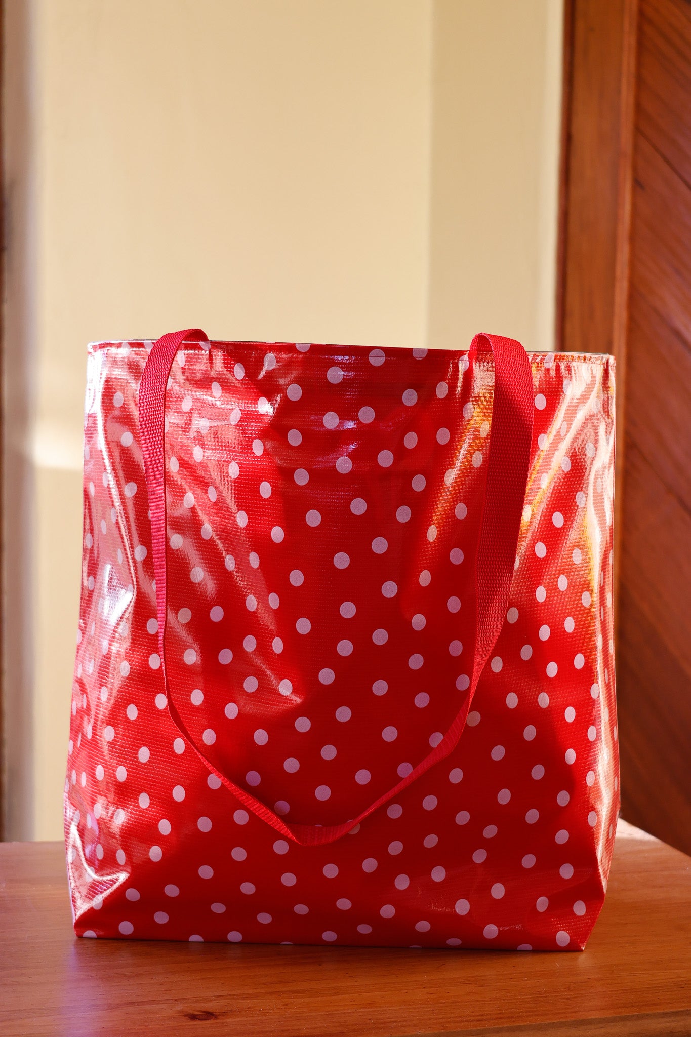 Reversible Oilcloth Totebag - White on Red Polka Dot with Black Cherry