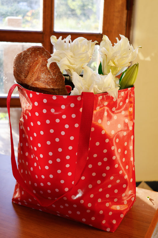 Reversible Oilcloth Totebag - White on Red Polka Dot with Black Cherry Two Sizes