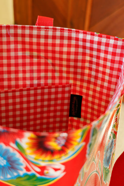 Reversible Oilcloth Totebag - Red Spring Bloom with Red Gingham - Two Sizes