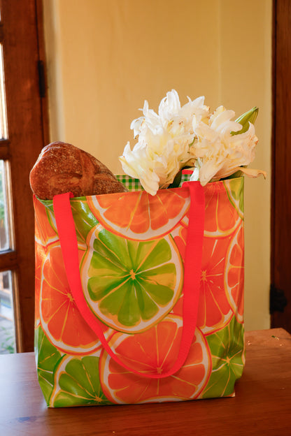 Reversible Oilcloth Totebag - Citrus Spill with Green Gingham, Two Sizes