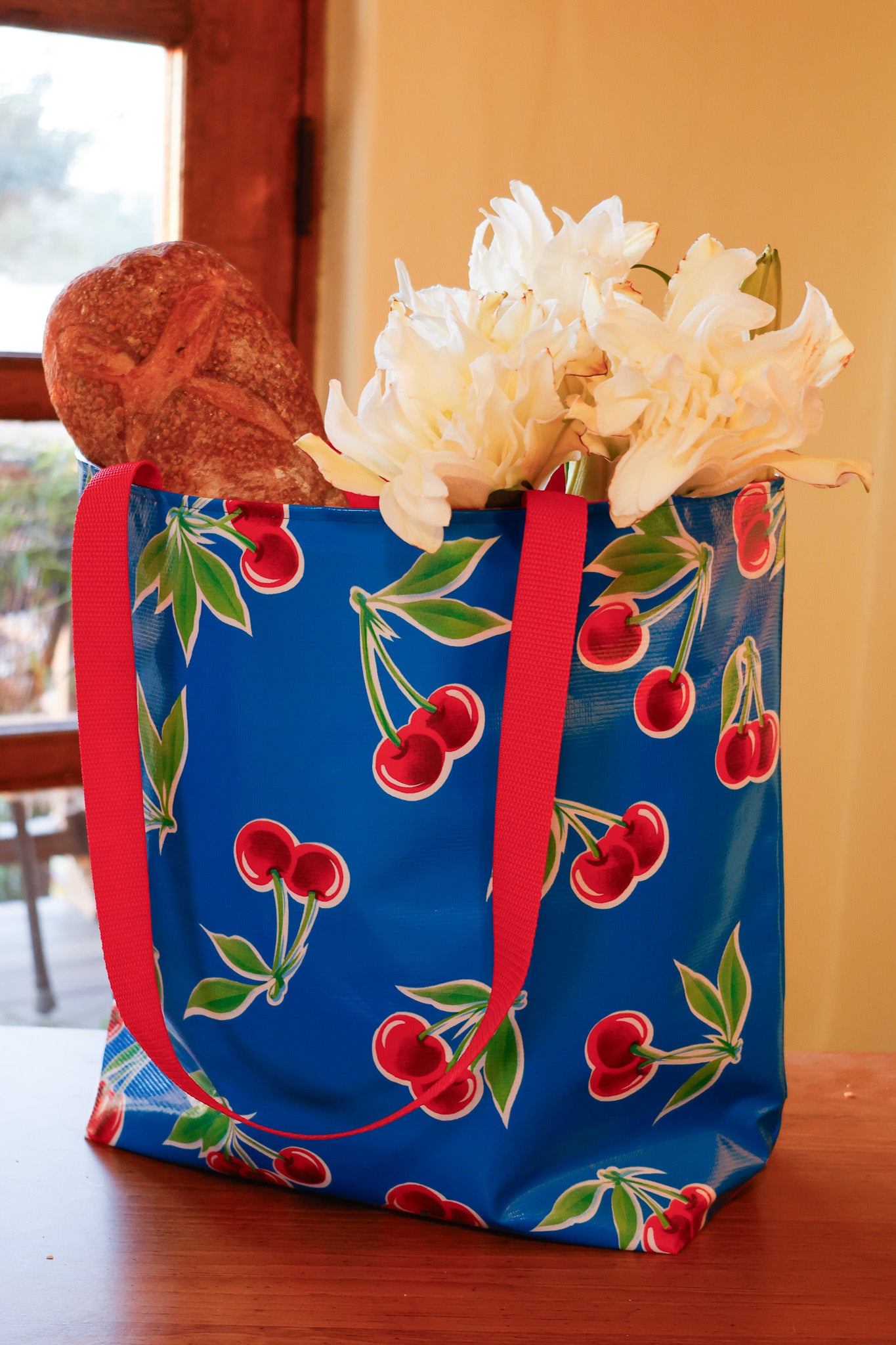 Reversible Oilcloth Totebag - Blue Cherry with Red Polka, Two Sizes