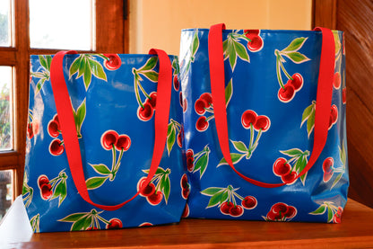 Reversible Oilcloth Totebag - Blue Cherry with Red Polka, Two Sizes