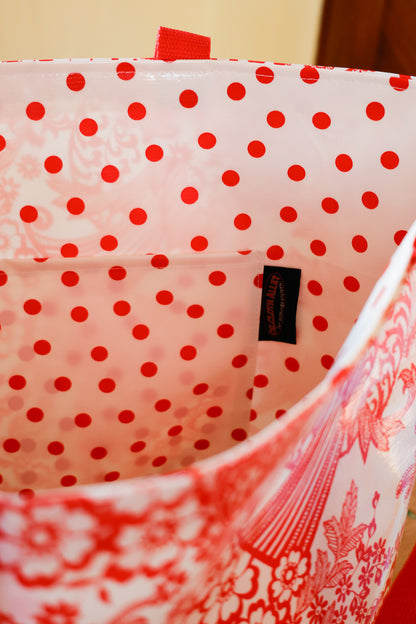 Reversible Oilcloth Totebag - Red Toile with Red Polka Dot, Two Sizes