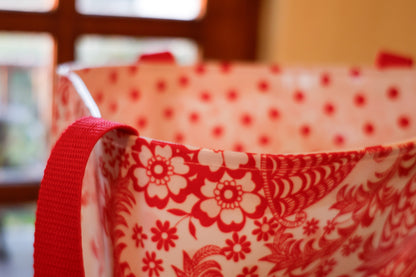 Reversible Oilcloth Totebag - Red Toile with Red Polka Dot, Two Sizes