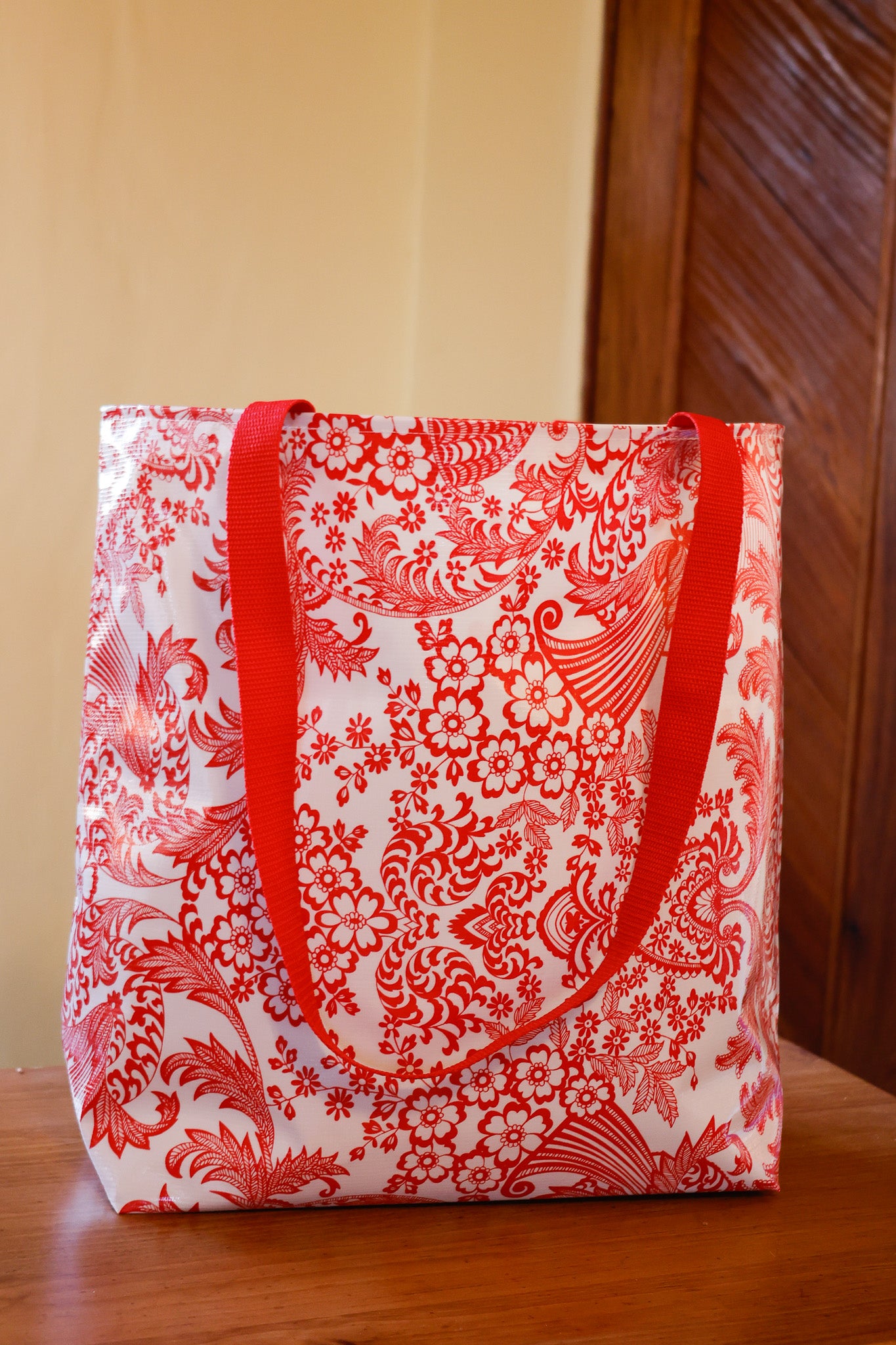 Reversible Oilcloth Totebag - Red Toile with Red Polka Dot, Two Sizes