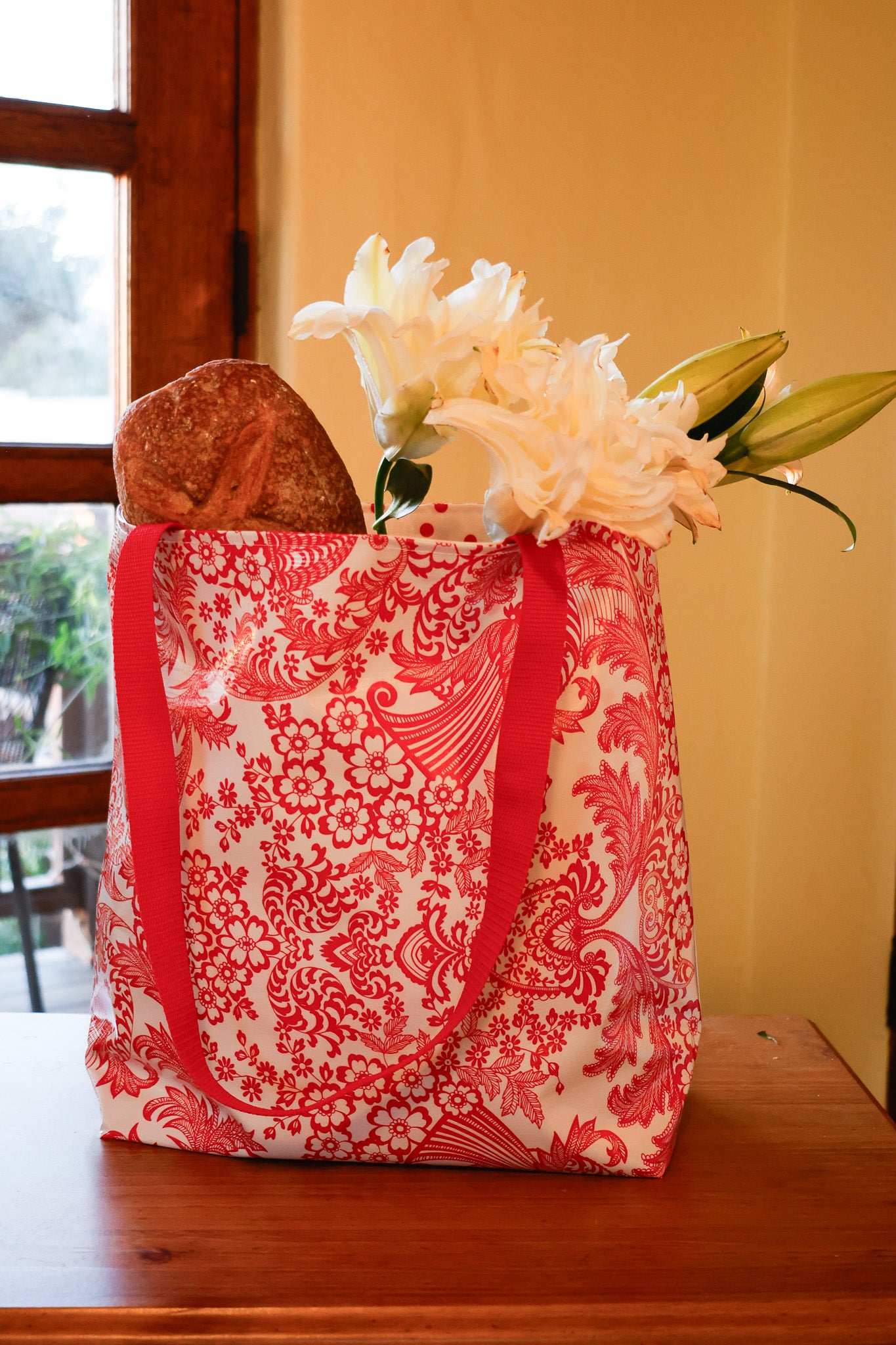 Beth's Red on sale Oranges Oilcloth Multi Market Tote bag