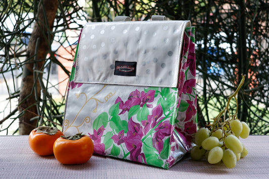 Oilcloth Insulated Lunch Bag - Silver Bougainvillea