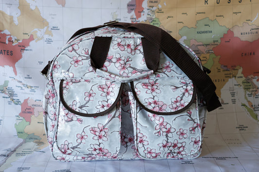 Oilcloth Carryall Bag - Silver Cherry Blossom