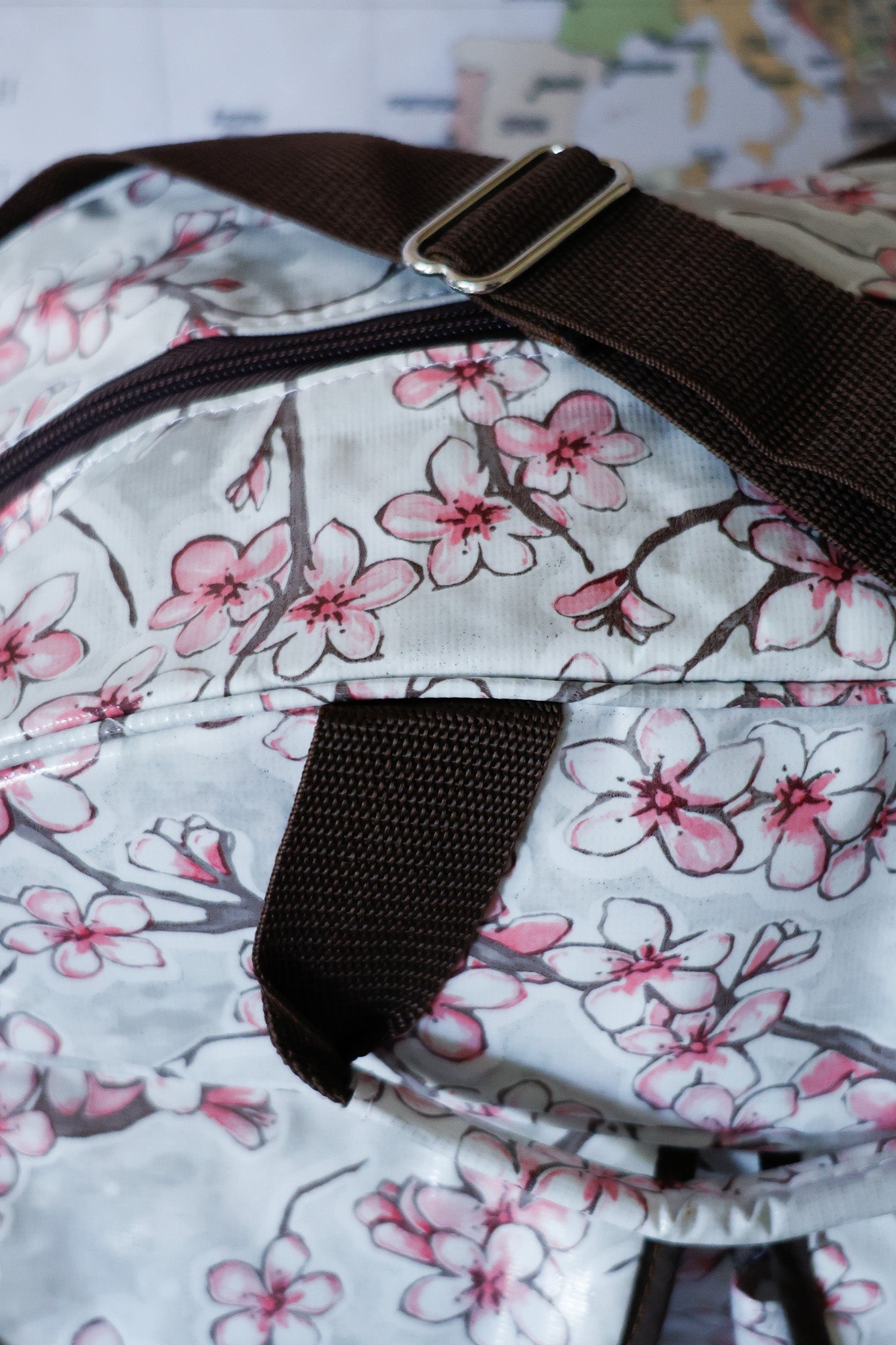 Oilcloth Carryall Bag - Silver Cherry Blossom