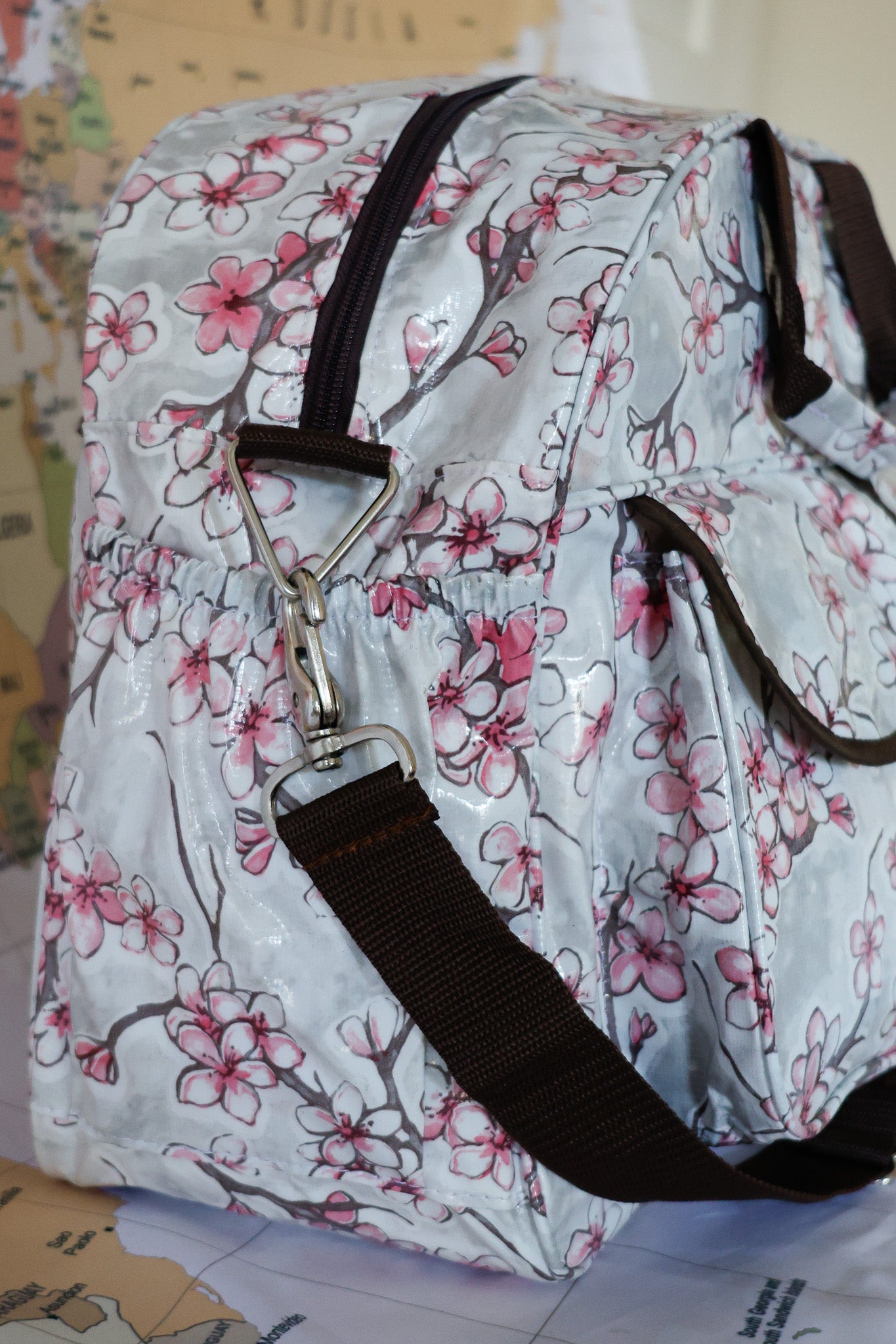 Oilcloth Carryall Bag - Silver Cherry Blossom