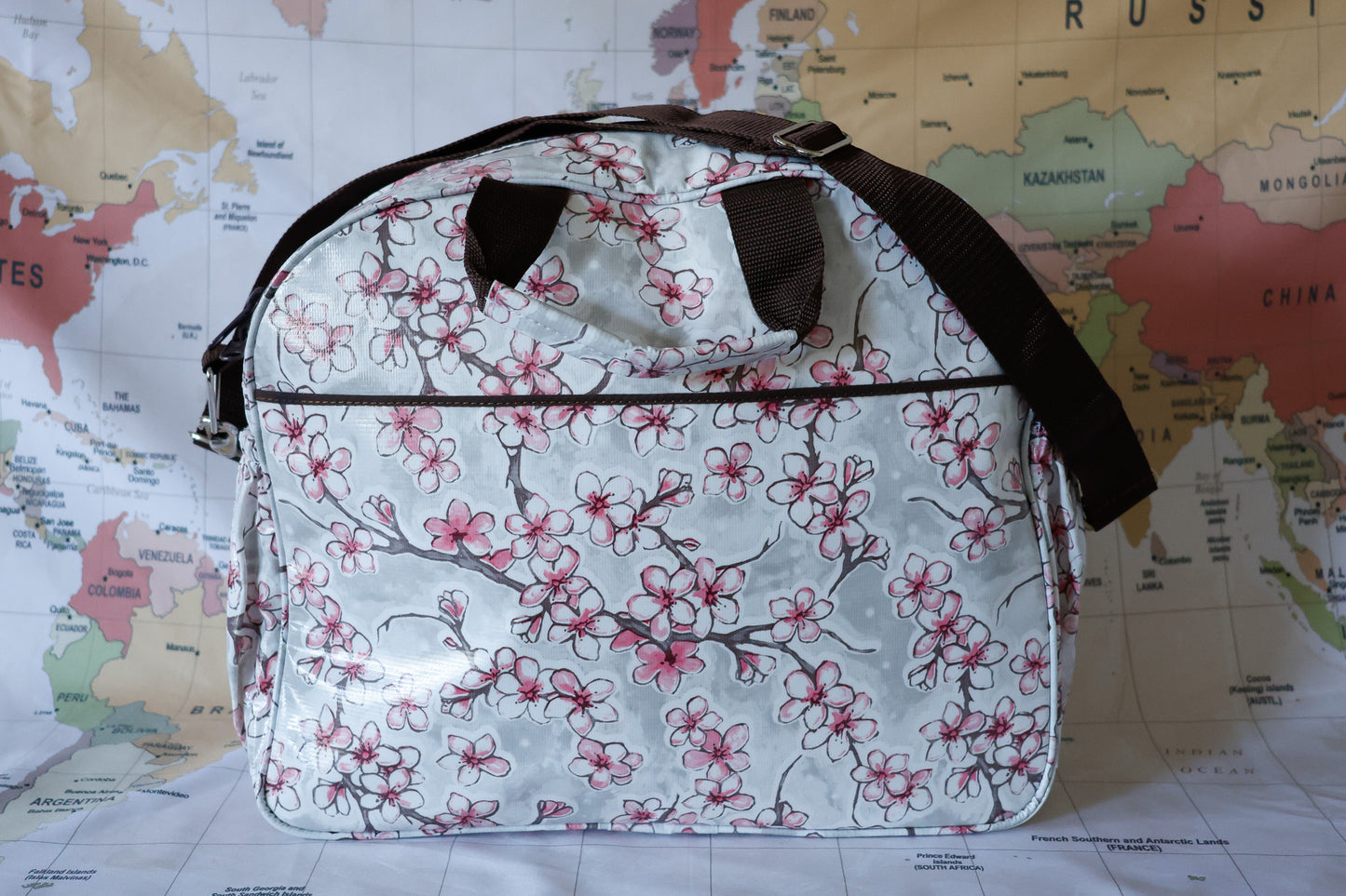 Oilcloth Carryall Bag - Silver Cherry Blossom