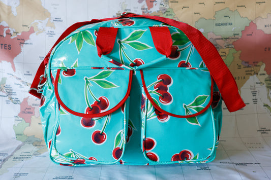 Oilcloth Carryall Bag - Turquoise Cherry