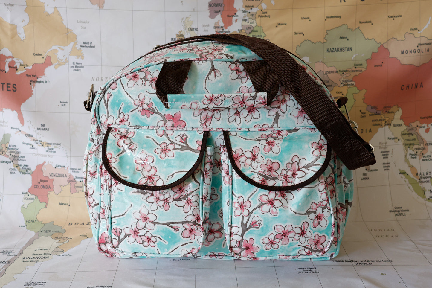 Oilcloth Carryall Bag - Seafoam Cherry Blossom