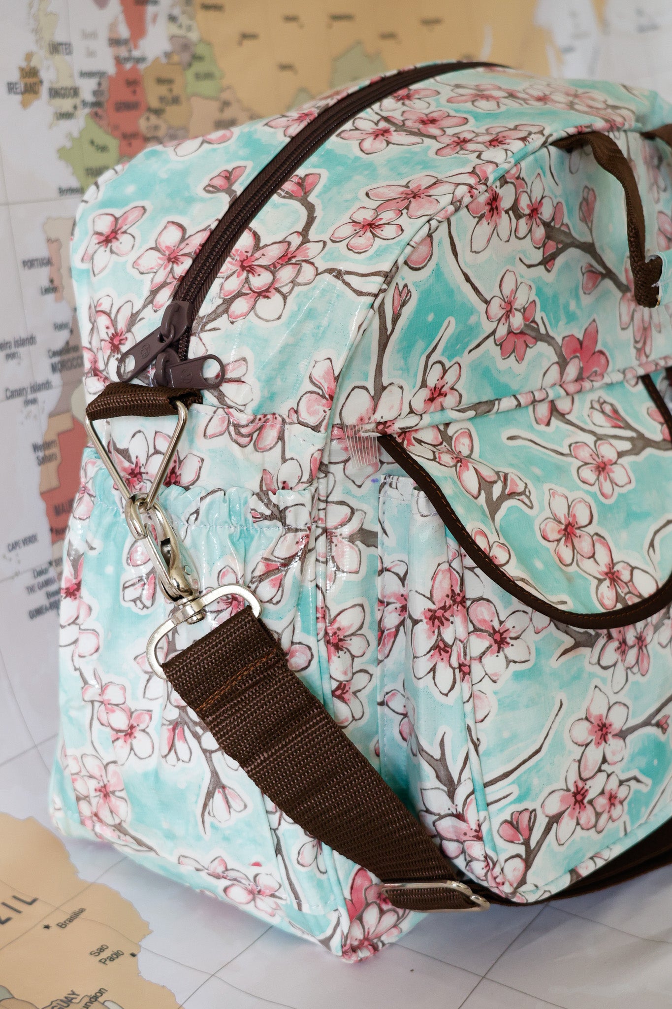 Oilcloth Carryall Bag - Seafoam Cherry Blossom