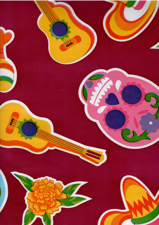 Burgundy Skulls Oilcloth Fabric