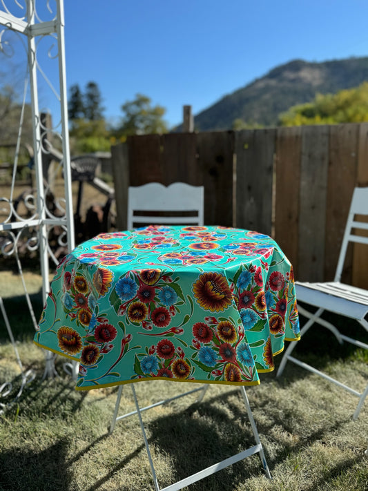 Aqua Spring Bloom Oilcloth Tablecloth - Round