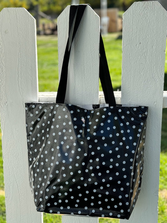 Reversible Oilcloth Totebag - White on Black Polka with Silver Confetti