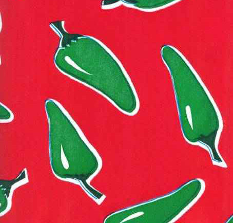 Green Chili Pepper on Red Oilcloth Fabric