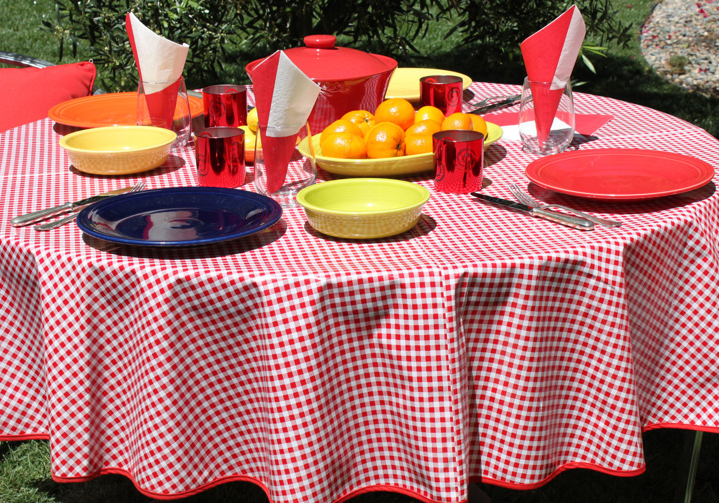 Round Red Gingham Oilcloth Tablecloth