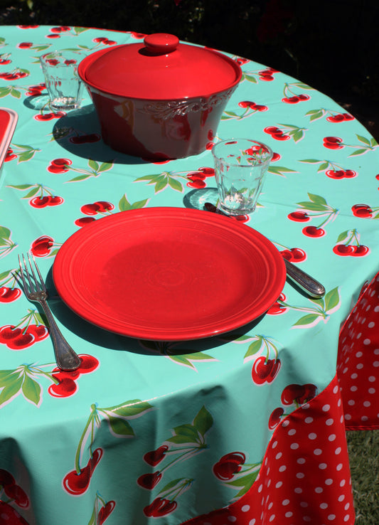 Round Turquoise Cherry with White on Red Polka Borders Oilcloth Tablecloth