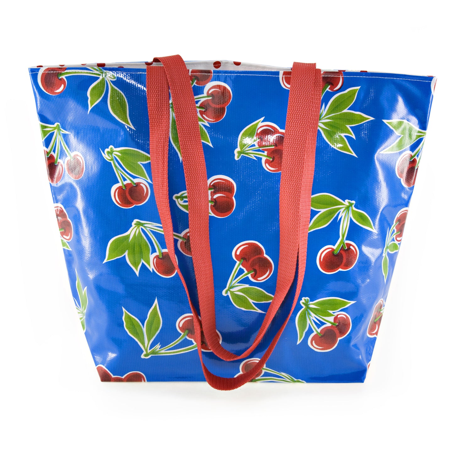 Reversible Oilcloth Totebag - Blue Cherry with Red Polka, Two Sizes