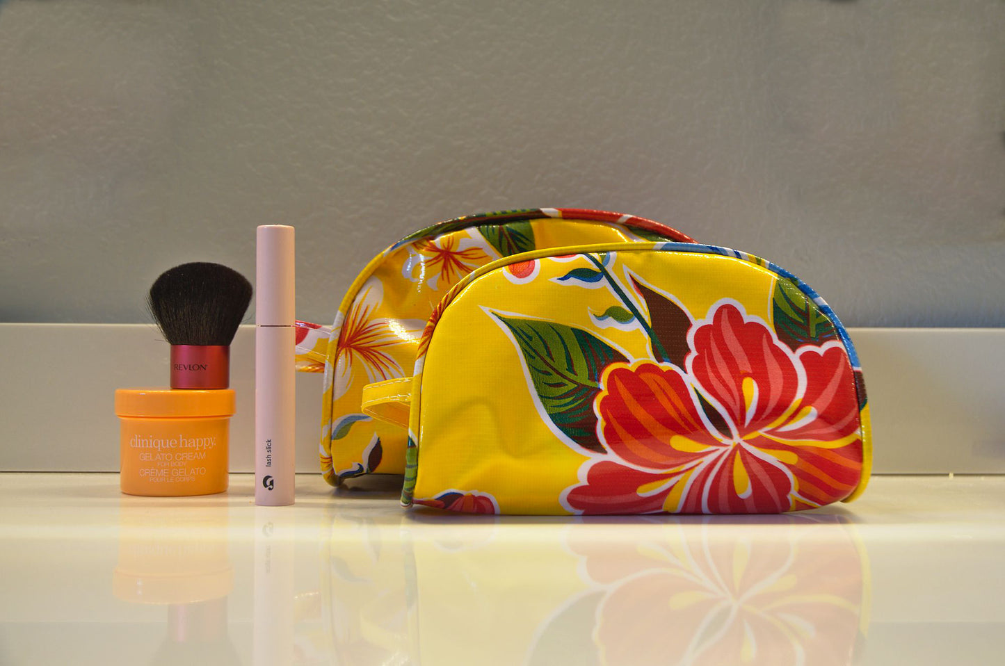 Yellow Hibiscus Oilcloth Combination - Mini  & Small Cosmetic Bag