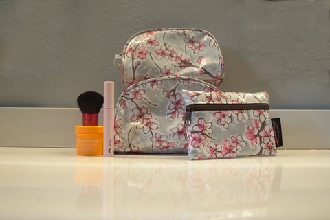 Silver Cherry Blossom Oilcloth Combination Set - Mini Cosmetic Bag & Small  Pouch