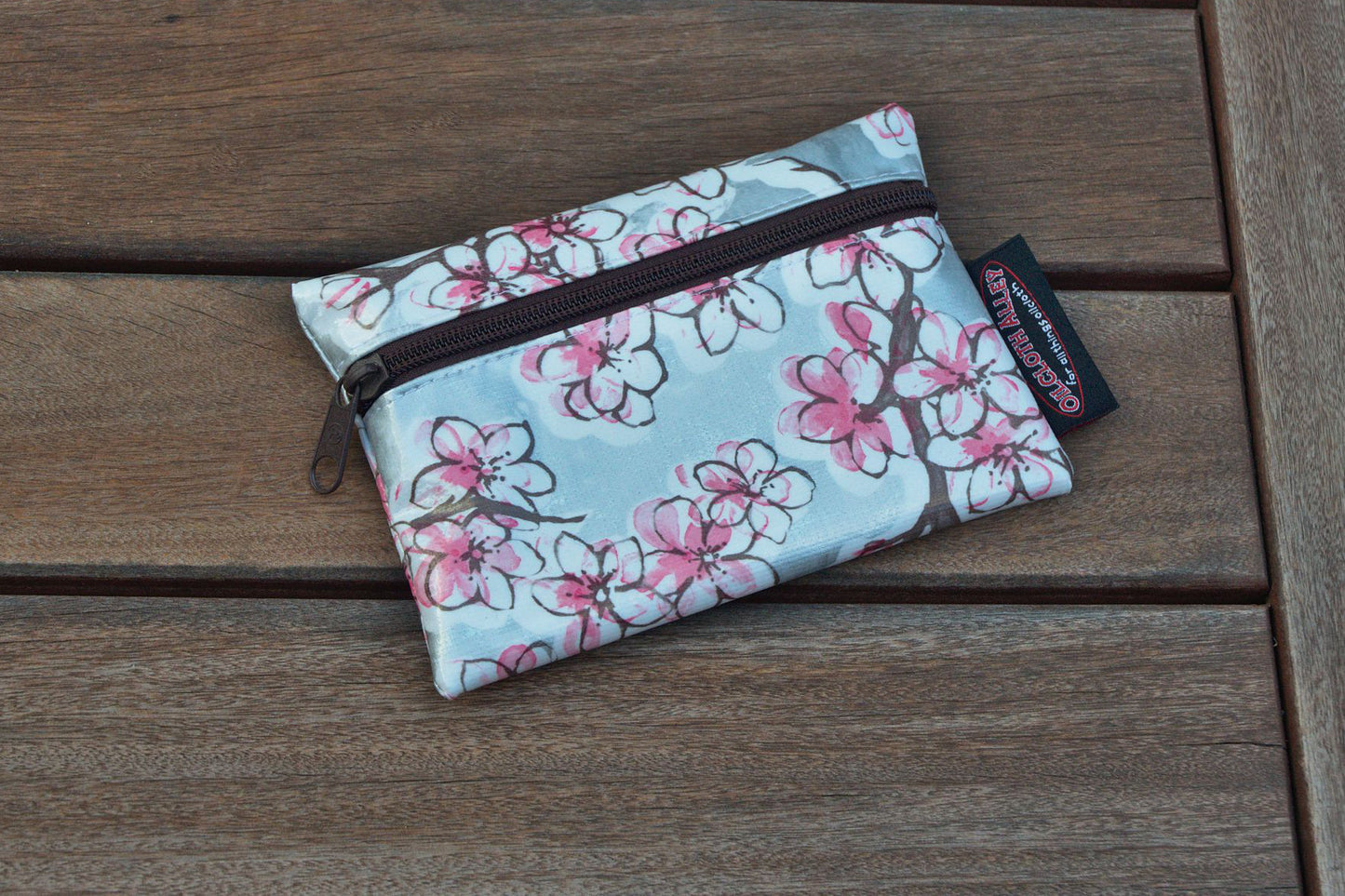 Small Oilcloth Lined Pouch - Silver Cherry Blossom