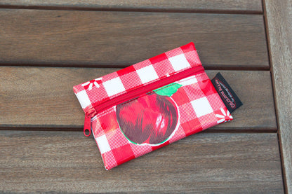 Small Oilcloth Lined Pouch - Red Cafe Check with Fruit