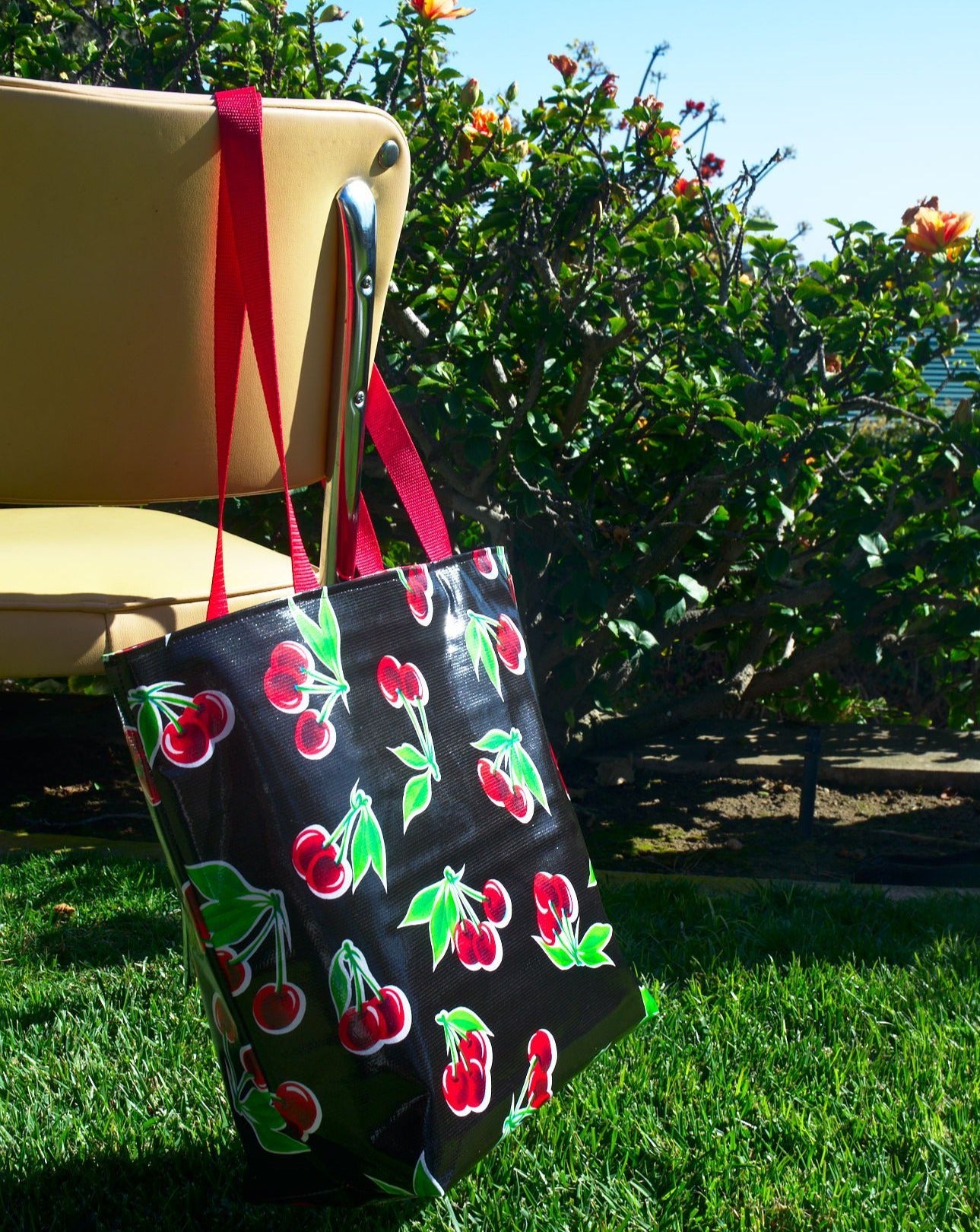 Reversible Oilcloth Totebag - Black Cherry with White on Red Polka - Two Sizes