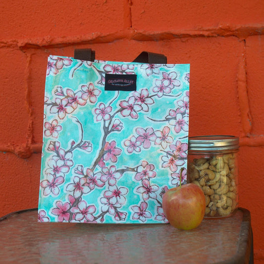 Oilcloth Lunch Tote - Seafoam Cherry Blossoms