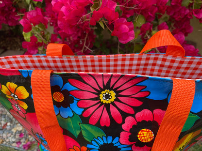 Reversible Oilcloth Totebag - Black Flora with Orange Gingham - Two Sizes